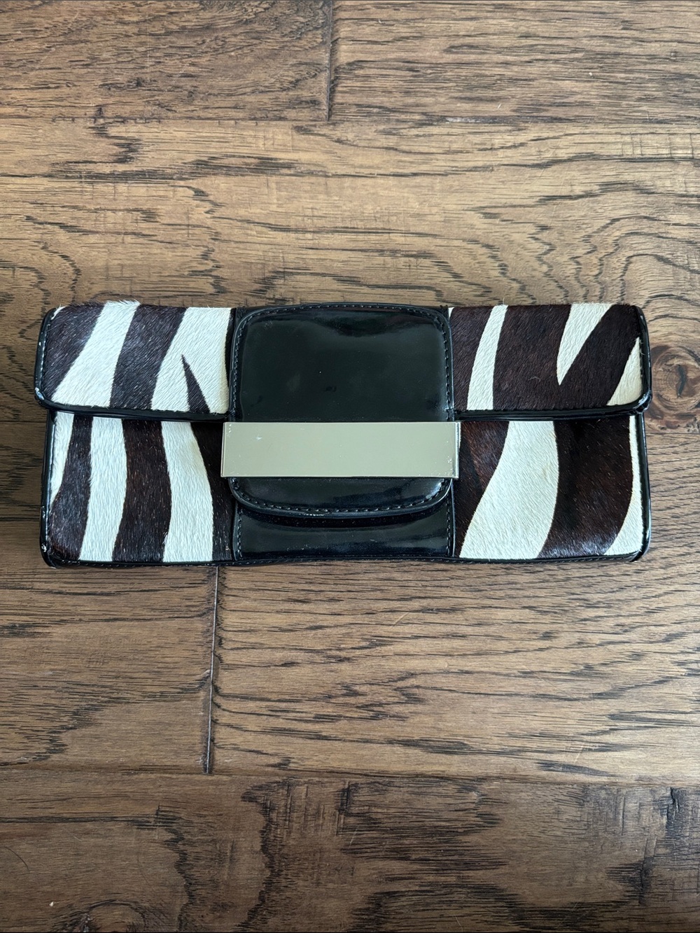 Leather Zebra-Print Clutch Wallet with Black Patent Leather Accent